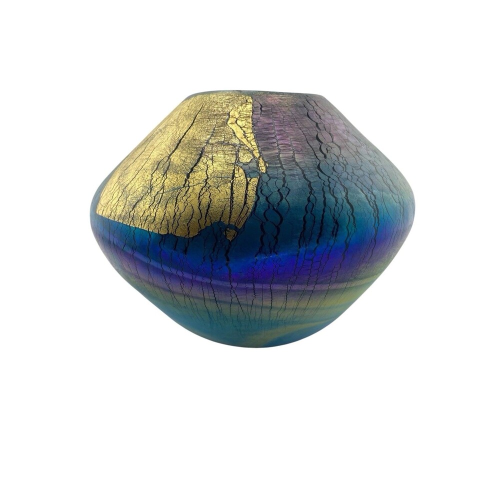 Robert Eickholt Signed Hand Blown Blue Purple Gold Leaf Iridescent Volcano Vase